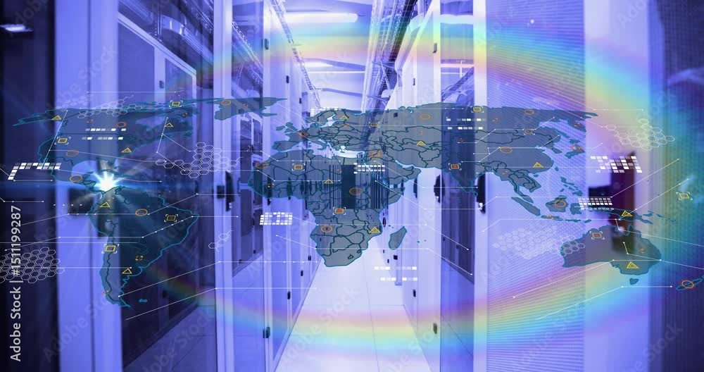 Poster On data startup, server corridor showing world map fading in with pulsing icons and hex grid