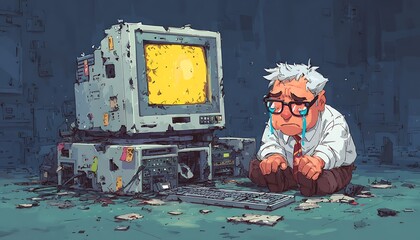 Old Computer with Sad Man.