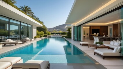 Fototapeta premium Luxurious modern swimming pool with indoor-outdoor living space.