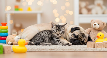 Cat and Pug Sleeping Together in a Cozy Room