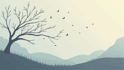 Silhouette Tree with Birds in Hilly Landscape
