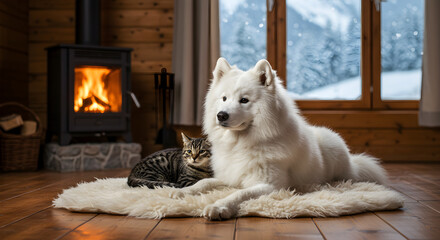 Cozy Winter Scene with Dog and Cat