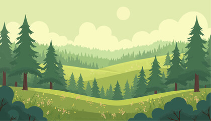 Fototapeta premium Green Forest Landscape with Trees, Hills, and Sky
