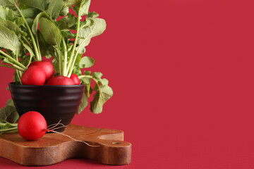 Ripe radish on red background