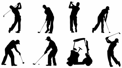 Silhouette illustration featuring golfers in various poses and a golf cart against a white background scene |eps vectors