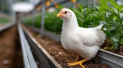 White chicken in greenhouse