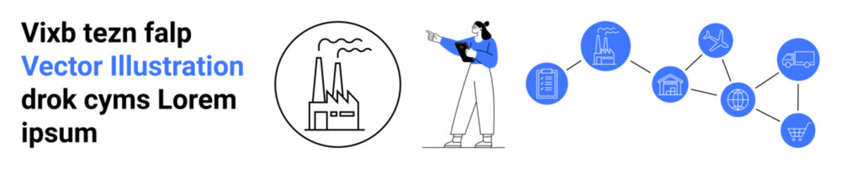 Woman explaining industrial facility, network diagram, and process connections. Ideal for industry, analysis, teamwork, presentation, strategy, technology integration simple landing page