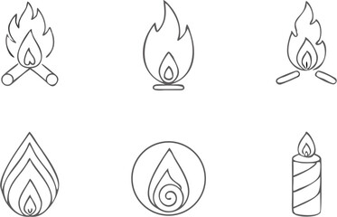 Collection of six hand drawn fire and flame illustrations including campfire, candle and stylized flames |eps vectors