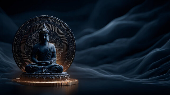 Serene Buddha with dark background.