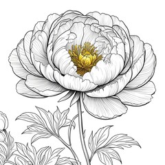 A peony flower with a stem and leaves. The drawing is in black and white, giving it a classic and timeless feel. 