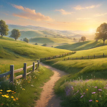 Peaceful Countryside Meadow at Golden Hour &ndash; Hyper-Realistic Nature Landscape in Ultra HD - No 292