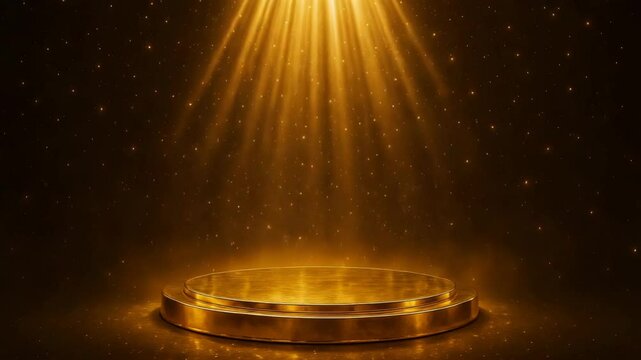 Renderiza&ccedil;&atilde;o 3D de palco dourado m&aacute;gico - Fundo com luz e part&iacute;culas para apresenta&ccedil;&otilde;es premium.