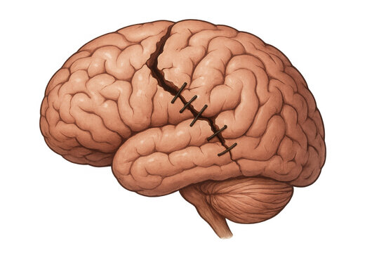 Damaged brain illustration with stitching, symbolizing psychological healing, complex mental health recovery process on transparent backdrop