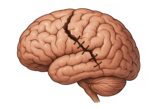 Damaged brain illustration with stitching, symbolizing psychological healing, complex mental health recovery process on transparent backdrop