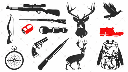 Illustration of hunting equipment including rifles, deer, compass, and other outdoor gear in black and red |eps vectors