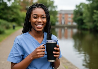 Portrait of a smiling african american nurse holding a coffee mug by the lake.