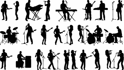 Silhouette illustration of band members playing instruments and singing on stage in black and white color |eps vectors