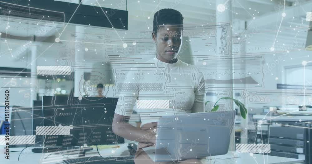 Poster office professional opening laptop and typing to monitor network data with overlay intensifying