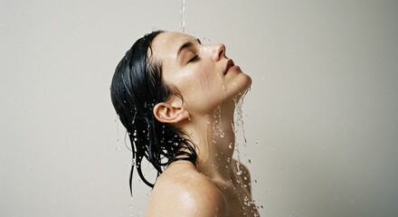 Woman tilts head back in the shower enjoying cool water, fresh, clean background