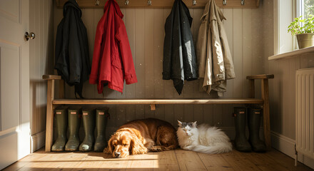 Cozy home interior with dog and cat by a window