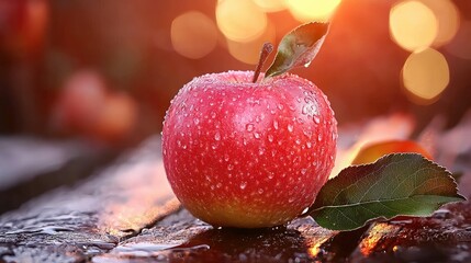 A single red apple with water droplets in warm sunlight