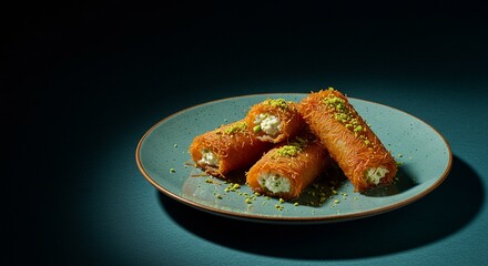 Delicious crispy kanafeh rolls with creamy cheese filling and pistachios food teal dark sweet tasty