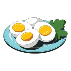 Plate of hard boiled eggs in two halves food vector. Protein rich snack.