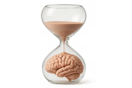Hourglass is filling a brain with sand, symbolizing the passage of time and its effects on the mind