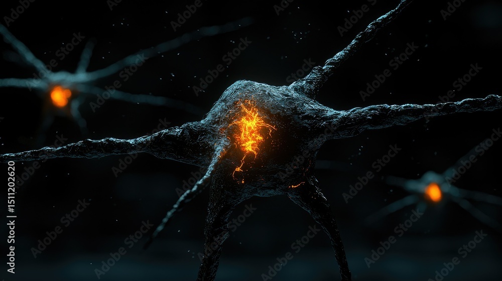 Poster detailed illustration depicting the complex structures of a neuron in a dark space