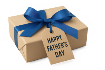 Brown gift box with blue ribbon and happy father's day tag, perfect for father's day celebrations
