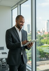 Professional Businessman Using Tablet Standing by Office Window Overlooking City