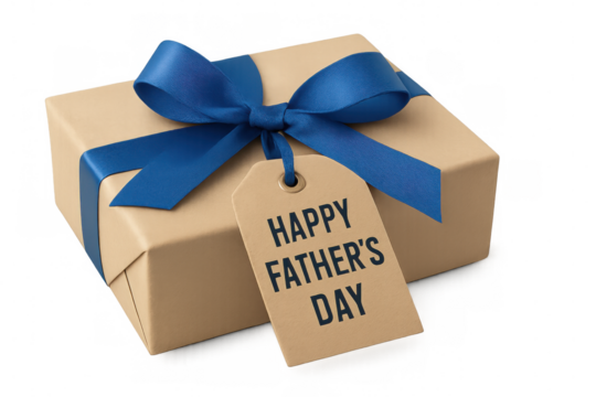 Brown gift box with blue ribbon and happy father's day tag, perfect for father's day celebrations