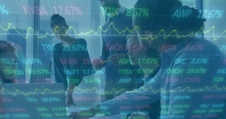 Pointing at laptop for analyzing market trends, team launching ticker overlay climbing percentages - Powered by Adobe