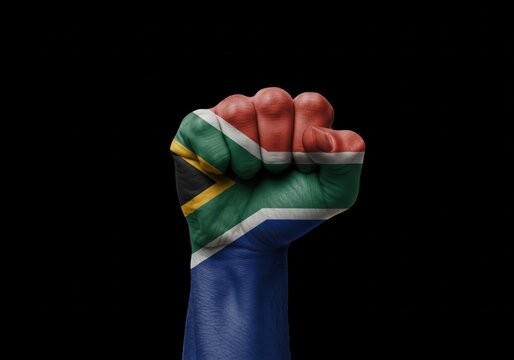 A hand painted with the South African flag in a fist on a black background.