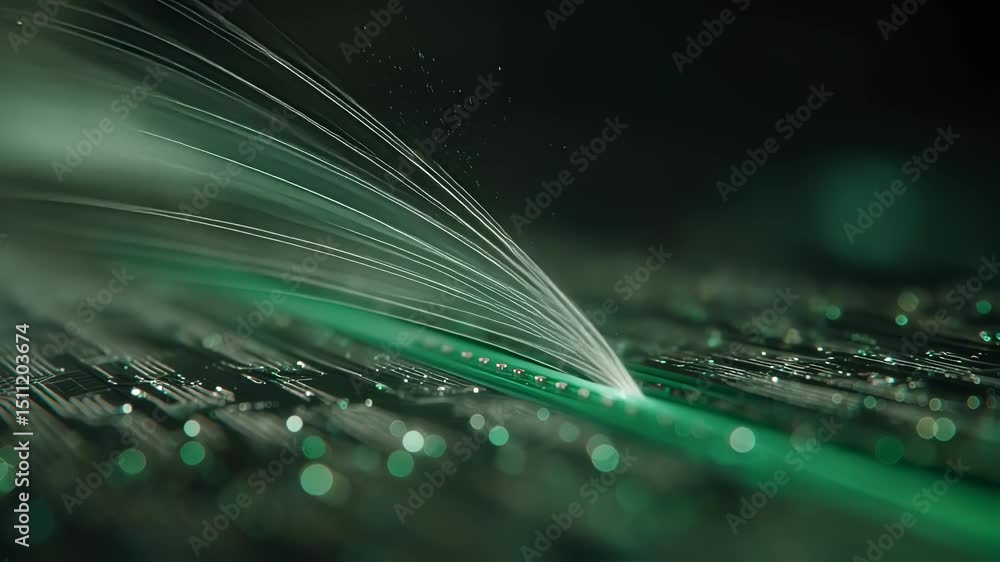 Aufkleber luminous energy trails revealing intricate green biodegradable microchip design, laser beam precisel