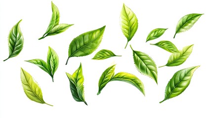 Fresh tea leaves scattered in the air. Vibrant green leaves, various shades,  displaying textures and details