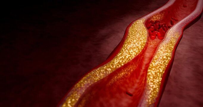 3D medical concept showing artery plaque formation due to high LDL cholesterol, poor nutrition, excessive sugar intake, alcohol consumption, lack of exercise leading to heart disease. 3D rendering