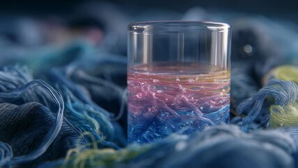 Vibrant recycled dye solution pooling across denim fabric strands, representing innovative textile sustainability and creative waste reduction strategies for eco conscious manufacturing - Powered by Adobe