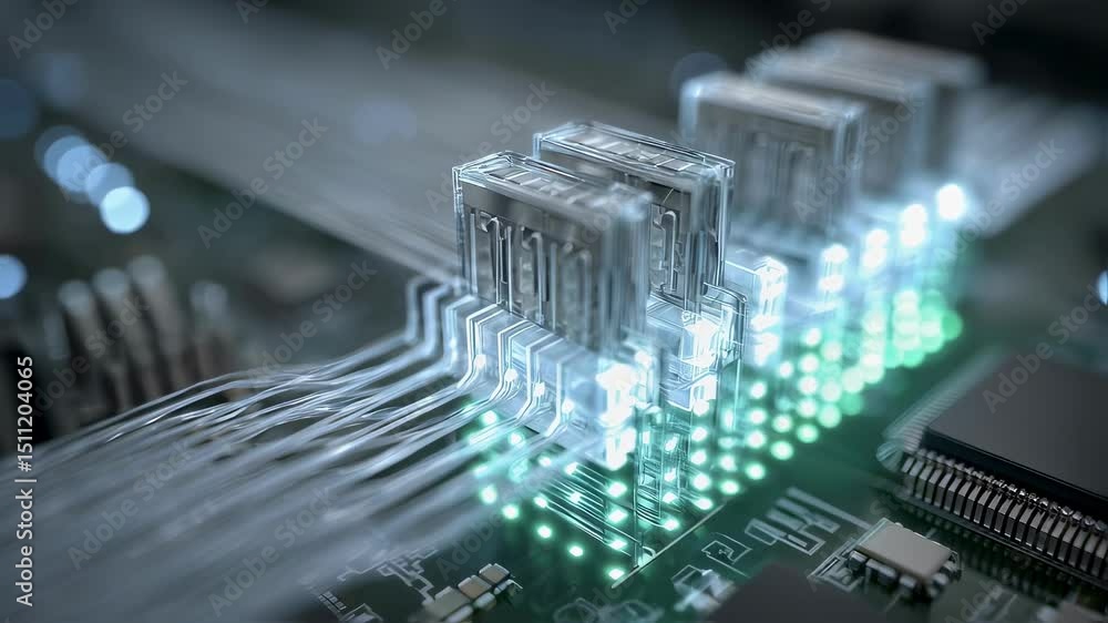 Poster transparent futuristic microchip transmitting digital data along green computer motherboard through 