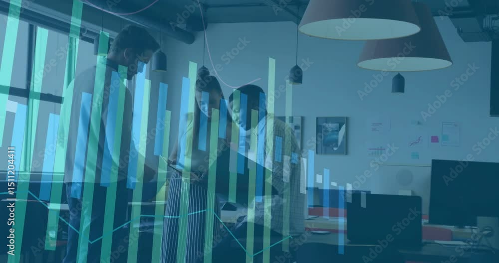 Aufkleber colleagues reviewing printed chart and tablet sparking business insights while overlaying data bars