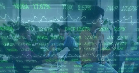 Three coworkers tapping tablet reviewing while stock ticker line graph climbing for market analysis - Powered by Adobe