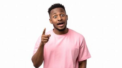 Young Man in Pink Tee Pointing Upward in Amazement and Surprise