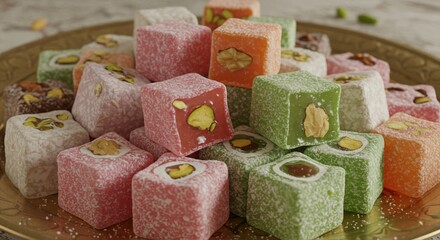 Delicious turkish delight cubes assorted flavors sweet treats pink food gold high lokum candy green
