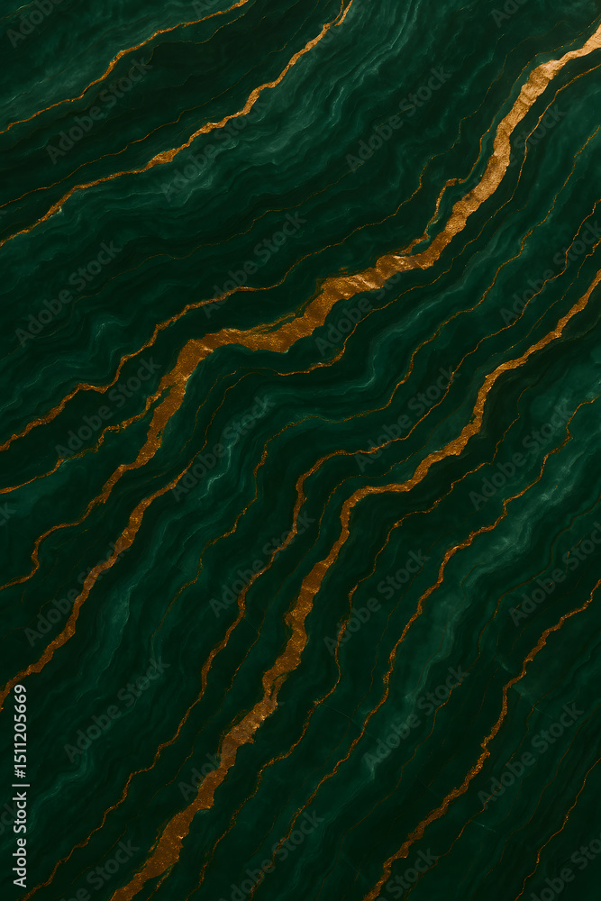 Poster an exquisite abstract pattern features deep emerald green flowing with veins of shimmering gold, mim