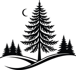 A graphic of a winter scene with pine trees and a crescent moon in black and white silhouette style