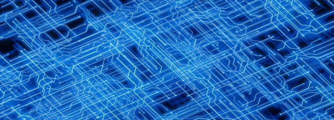 Blue circuit board pattern depicting modern technology and digital network connections. Abstract design suitable for high-tech and futuristic concepts. 3D render