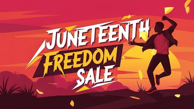 Juneteenth Freedom Sale Celebration: Silhouette of Joyful Man Dances on a Hilltop as Golden Confetti Falls Under a Vibrant Sunset, Marking the Holiday and Offering Great Deals for a Limited Time
