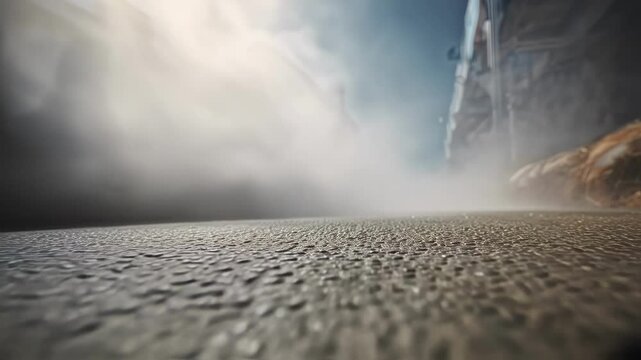 Steam rises from a freshly mixed mineralized concrete surface, suggesting the heat generated from the mixing process, potentially indicating the use of carbon negative materials