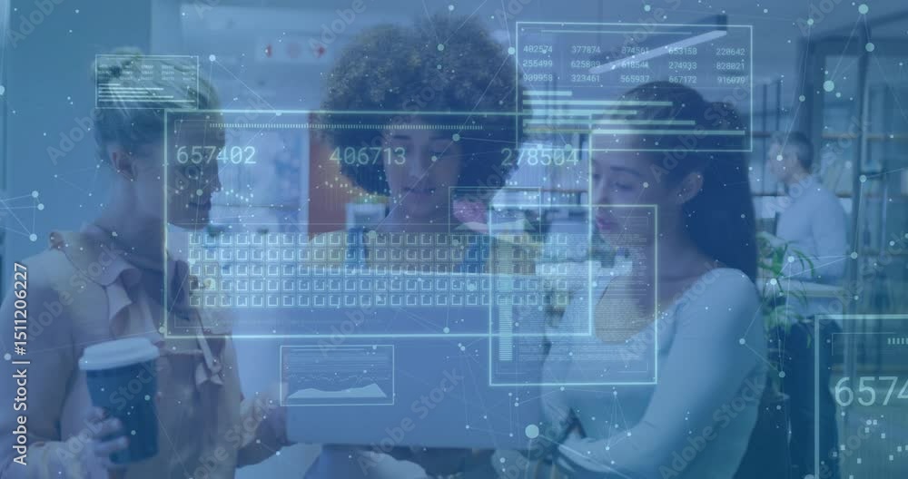 Aufkleber three colleagues tapping keyboard leaning in, activating animated charts for business data review