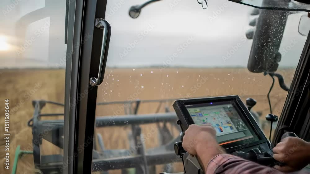 Poster skilled farmer operates a modern combine harvester, utilizing a digital monitor to control and optim